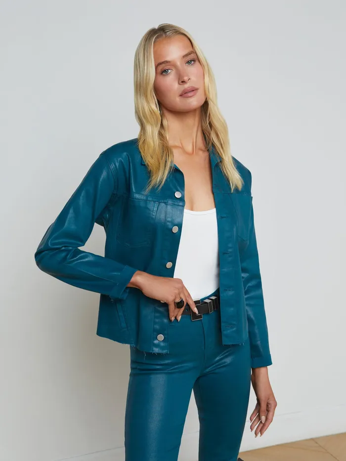 Women L039Agence Blazers and Jackets New Janelle Coated Denim Jacket Deep Teal Coated Women L039Agence Blazers and Jackets New Janelle Coated Denim Jacket Deep Teal Coated