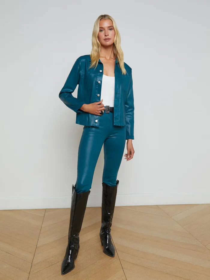 Women L039Agence Blazers and Jackets New Janelle Coated Denim Jacket Deep Teal Coated Women L039Agence Blazers and Jackets New Janelle Coated Denim Jacket Deep Teal Coated