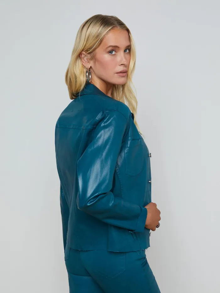 Women L039Agence Blazers and Jackets New Janelle Coated Denim Jacket Deep Teal Coated Women L039Agence Blazers and Jackets New Janelle Coated Denim Jacket Deep Teal Coated