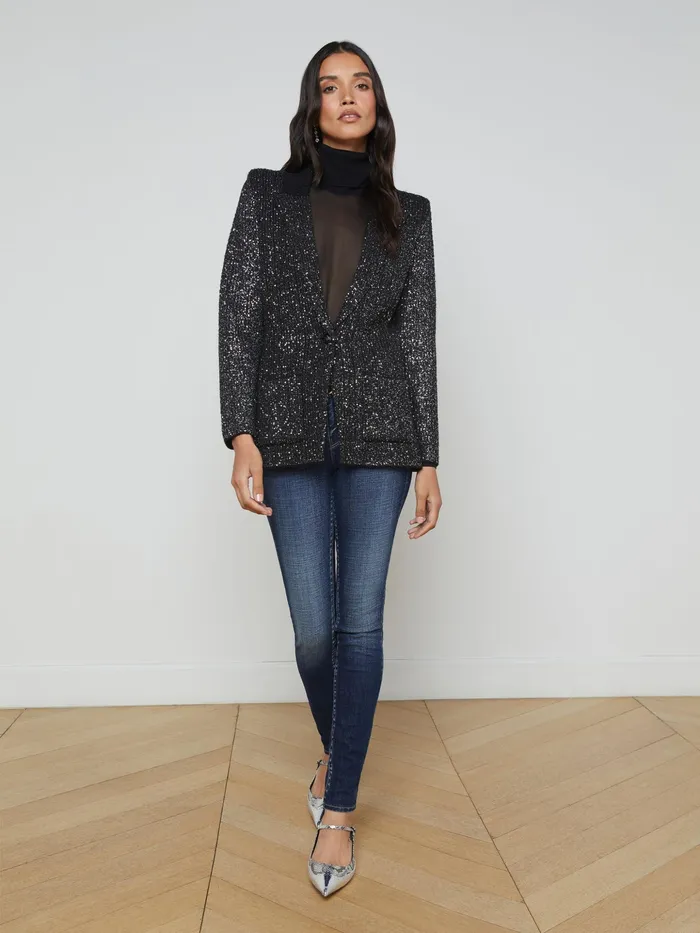 Women L039Agence Blazers and Jackets New Leonora Sequin Knit Blazer Blacksilver Sequin Women L039Agence Blazers and Jackets New Leonora Sequin Knit Blazer Blacksilver Sequin