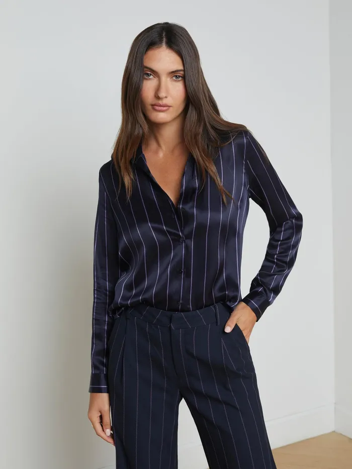 Women L039Agence Blouses and Tops Tyler Silk Blouse Midnightlight Purple Pinstripe Women L039Agence Blouses and Tops Tyler Silk Blouse Midnightlight Purple Pinstripe
