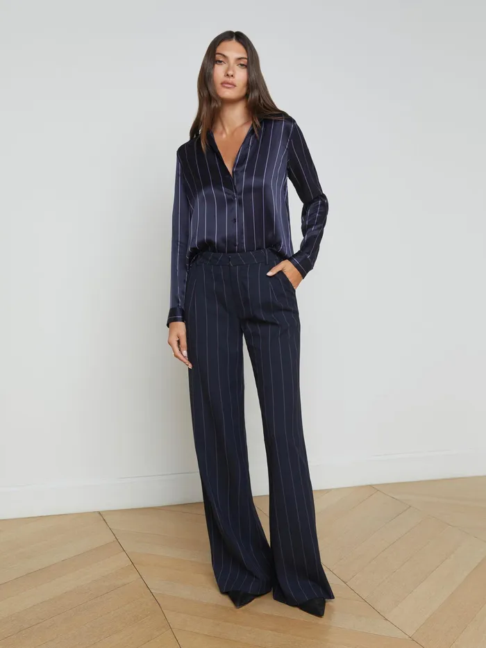 Women L039Agence Blouses and Tops Tyler Silk Blouse Midnightlight Purple Pinstripe Women L039Agence Blouses and Tops Tyler Silk Blouse Midnightlight Purple Pinstripe