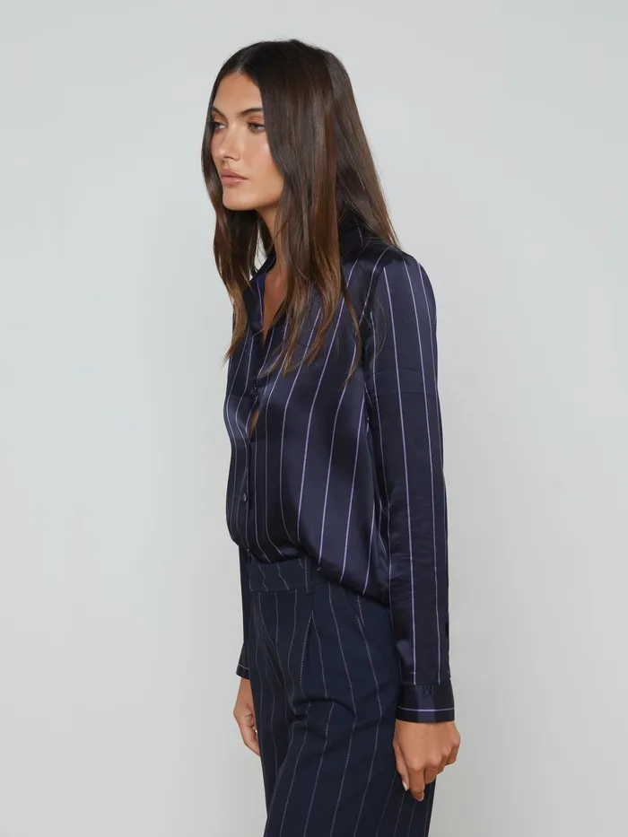 Women L039Agence Blouses and Tops Tyler Silk Blouse Midnightlight Purple Pinstripe Women L039Agence Blouses and Tops Tyler Silk Blouse Midnightlight Purple Pinstripe