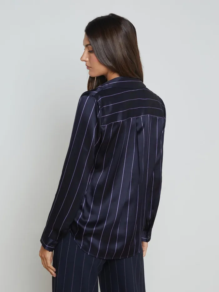 Women L039Agence Blouses and Tops Tyler Silk Blouse Midnightlight Purple Pinstripe Women L039Agence Blouses and Tops Tyler Silk Blouse Midnightlight Purple Pinstripe