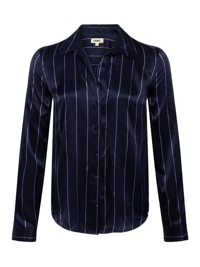 Women L039Agence Blouses and Tops Tyler Silk Blouse Midnightlight Purple Pinstripe Women L039Agence Blouses and Tops Tyler Silk Blouse Midnightlight Purple Pinstripe