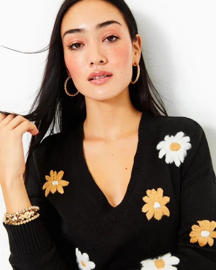 Women Lilly Pulitzer Tops Tensley Sweater Black Blooming Embroidery Women Lilly Pulitzer Tops Tensley Sweater Black Blooming Embroidery