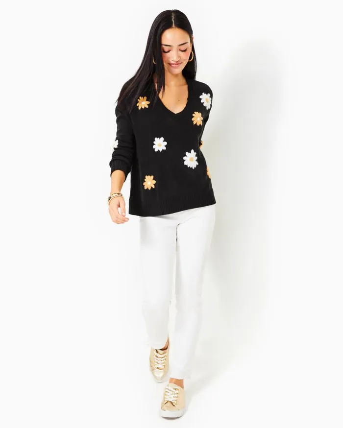 Women Lilly Pulitzer Tops Tensley Sweater Black Blooming Embroidery Women Lilly Pulitzer Tops Tensley Sweater Black Blooming Embroidery