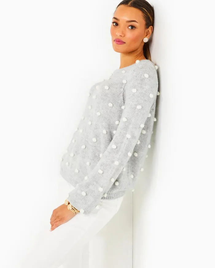 Women Lilly Pulitzer Tops Vienne Sweater Heathered Lunar Grey Playful Poms Women Lilly Pulitzer Tops Vienne Sweater Heathered Lunar Grey Playful Poms
