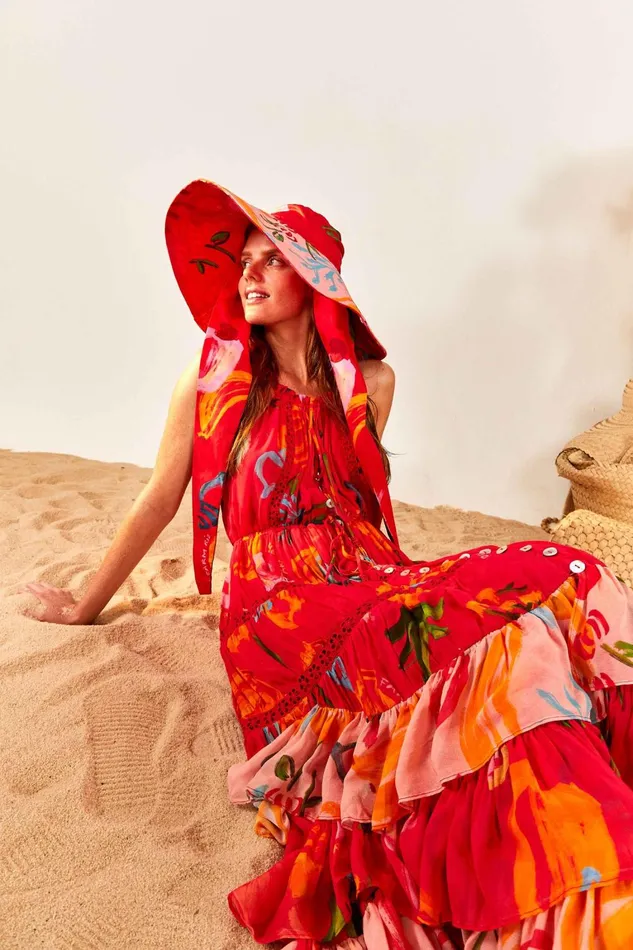 Women Maxi Dresses Farm Rio Red Mixed Fruits Ocean Maxi Dress