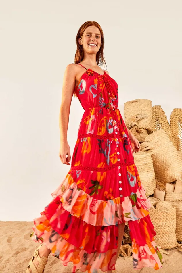 Women Maxi Dresses Farm Rio Red Mixed Fruits Ocean Maxi Dress