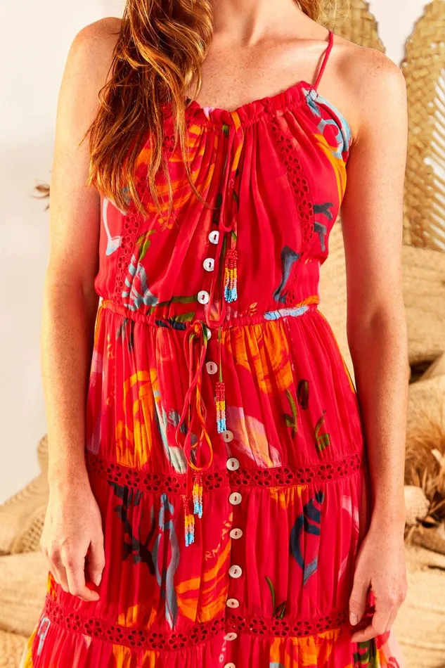 Women Maxi Dresses Farm Rio Red Mixed Fruits Ocean Maxi Dress