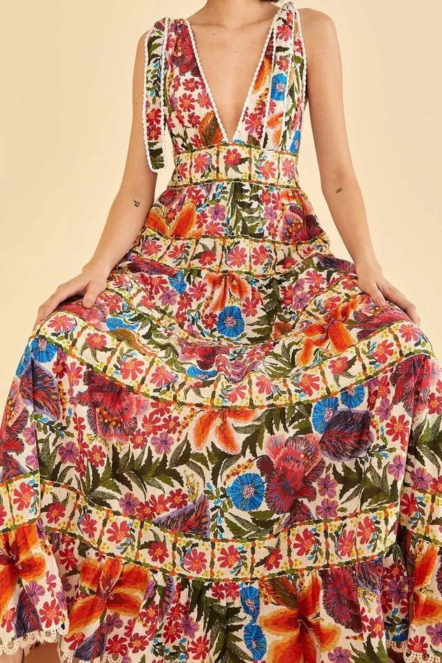Women Midi Dresses Farm Rio OffWhite Tropical Yard Sleeveless Midi Dress