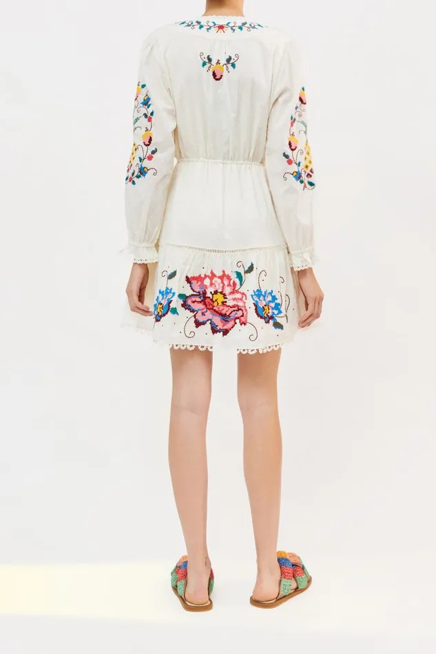 Women Mini Dresses Farm Rio Macaw Cross Stitch Embroidered Mini Dress