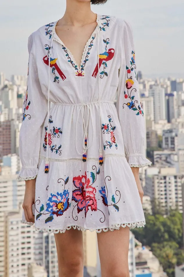 Women Mini Dresses Farm Rio Macaw Cross Stitch Embroidered Mini Dress