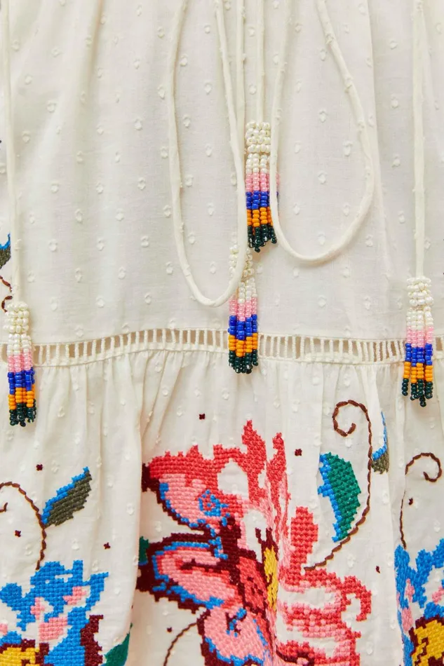 Women Mini Dresses Farm Rio Macaw Cross Stitch Embroidered Mini Dress