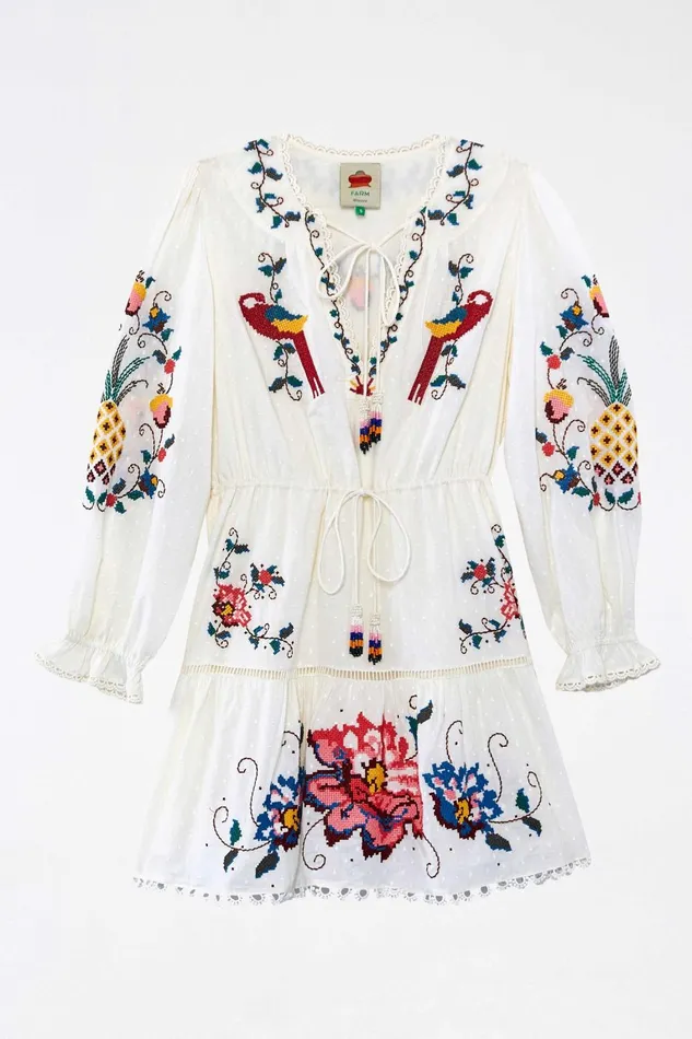 Women Mini Dresses Farm Rio Macaw Cross Stitch Embroidered Mini Dress