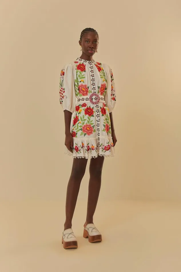 Women Mini Dresses Farm Rio OffWhite Embroidered Carmina Floral Short Sleeve Mini Dress