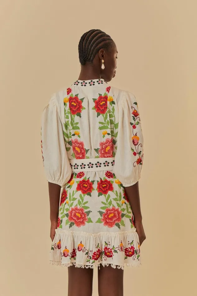 Women Mini Dresses Farm Rio OffWhite Embroidered Carmina Floral Short Sleeve Mini Dress