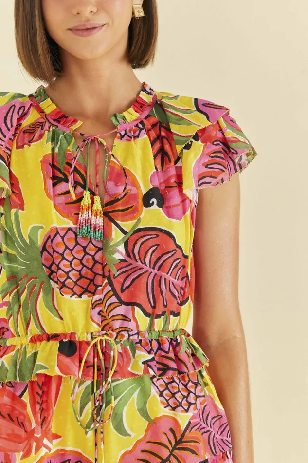 Women Mini Dresses Farm Rio Yellow Fruit Dream Ruffle Mini Dress