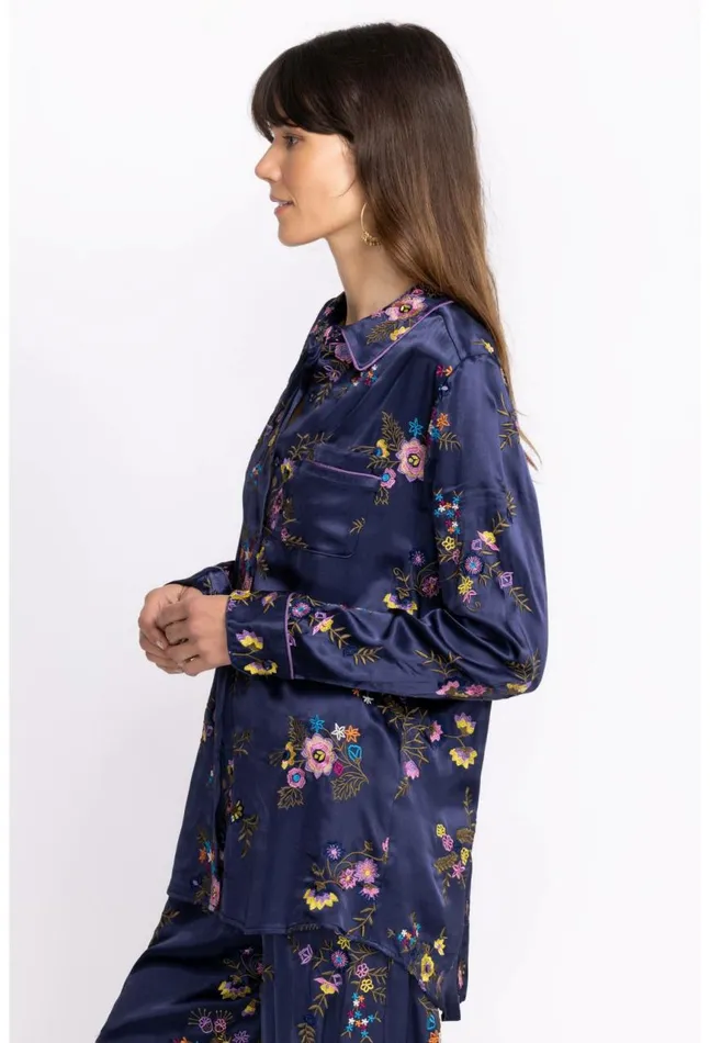 Women Misty Rayon Button Down Shirt Sapphire Blue Johnny Was Tops