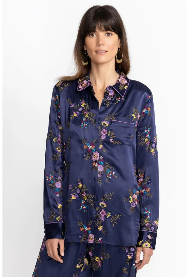 Women Misty Rayon Button Down Shirt Sapphire Blue Johnny Was Tops