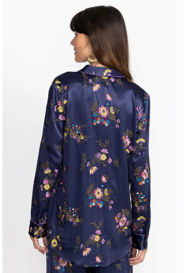 Women Misty Rayon Button Down Shirt Sapphire Blue Johnny Was Tops