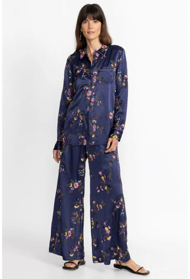 Women Misty Rayon Button Down Shirt Sapphire Blue Johnny Was Tops