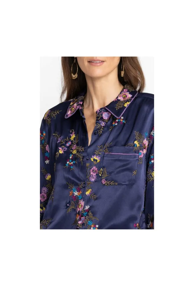 Women Misty Rayon Button Down Shirt Sapphire Blue Johnny Was Tops