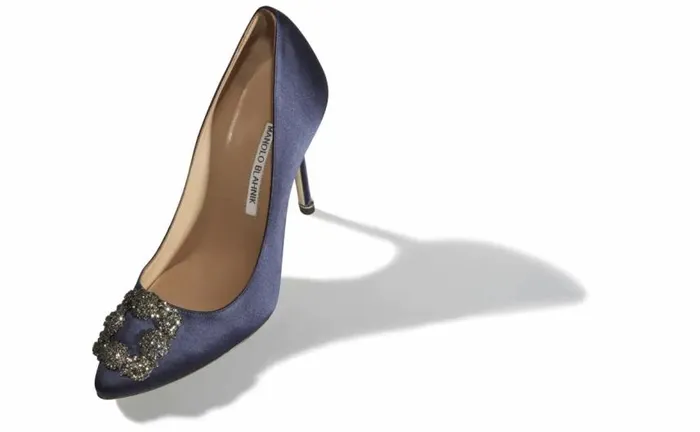 Women Navy Blue Satin Jewel Buckle Pumps Manolo Blahnik Pumps