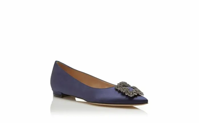 Women Navy Satin Jewel Buckle Flat Pumps Manolo Blahnik Flats