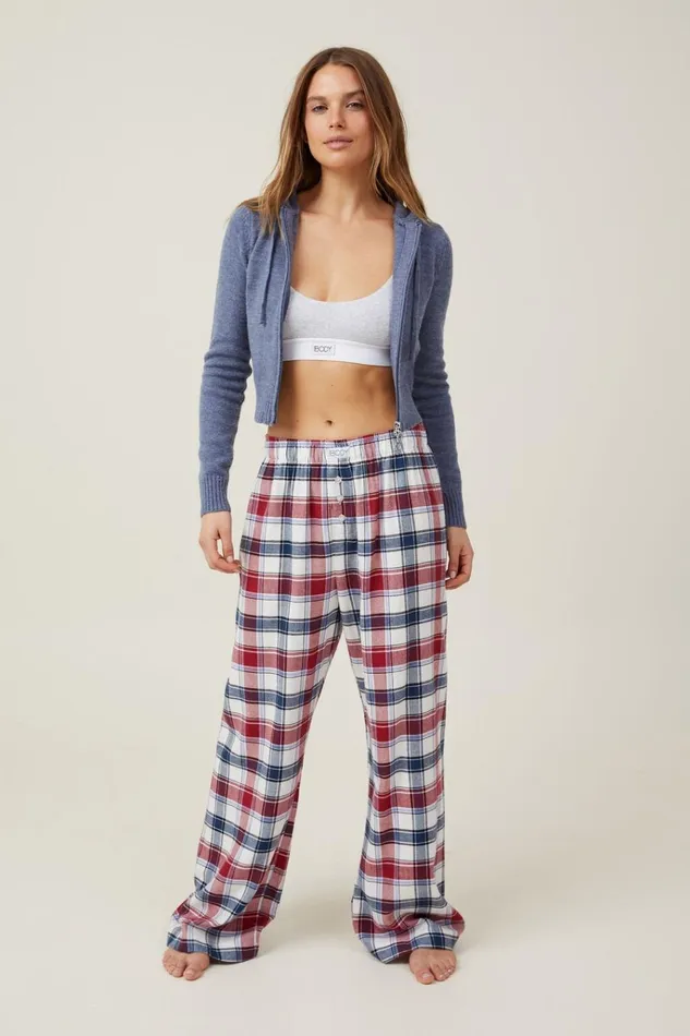 Women Pajamas Cotton On Flannel Boyfriend Boxer Pant Stephanie Check Blue