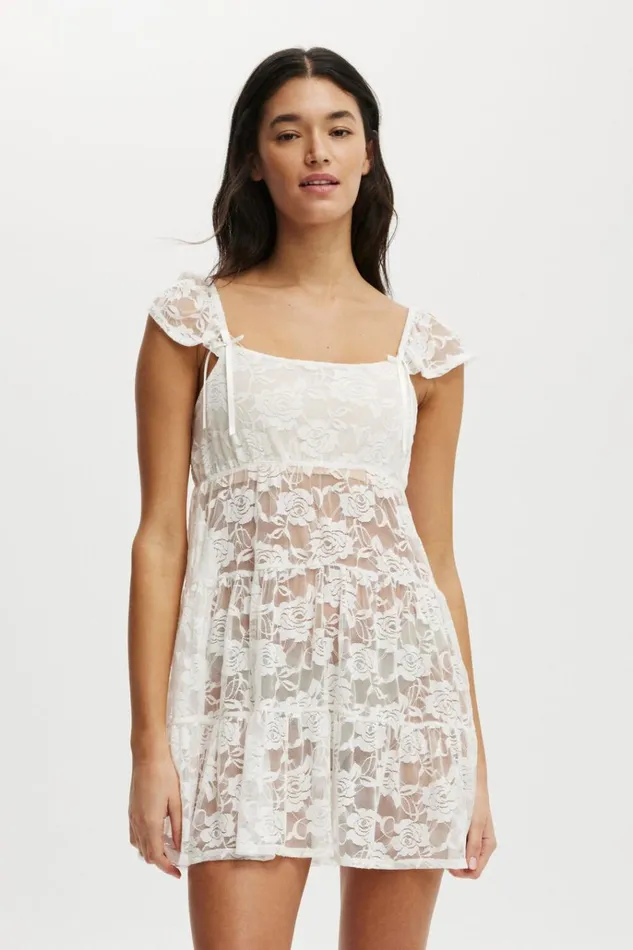 Women Pajamas Cotton On Lace Babydoll Nightie White
