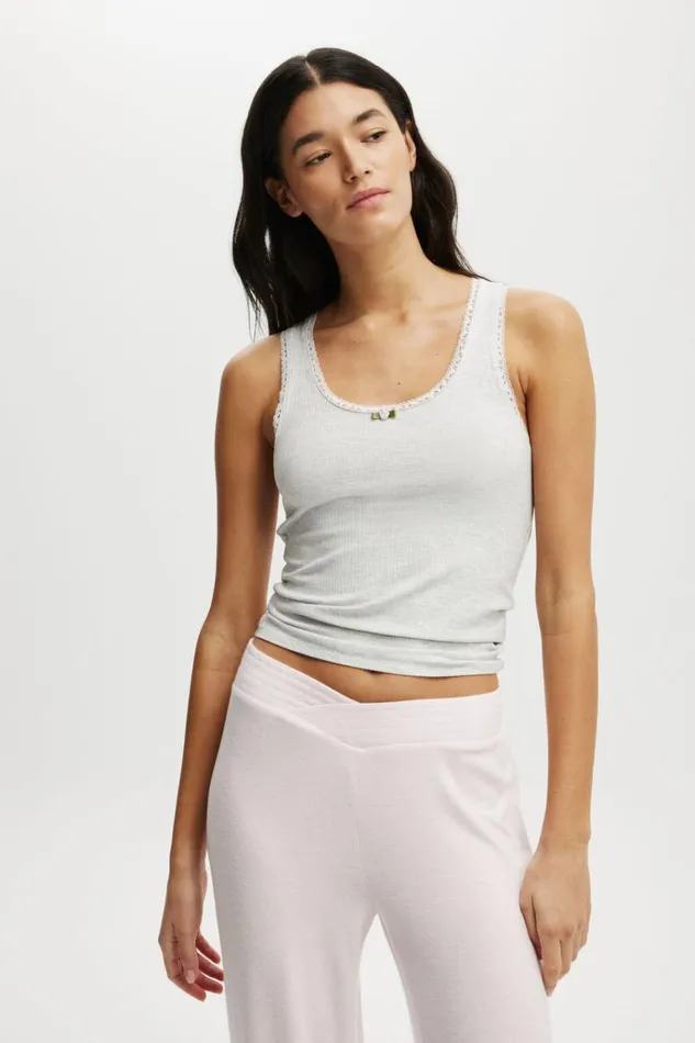 Women Pajamas Cotton On Lacey Racer Back Cami Light Grey Marle