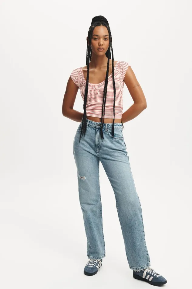 Women Pants Cotton On Original Straight Jean Breeze Blue Worn