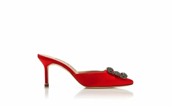 Women Red Satin Jewel Buckle Mules Manolo Blahnik Mules