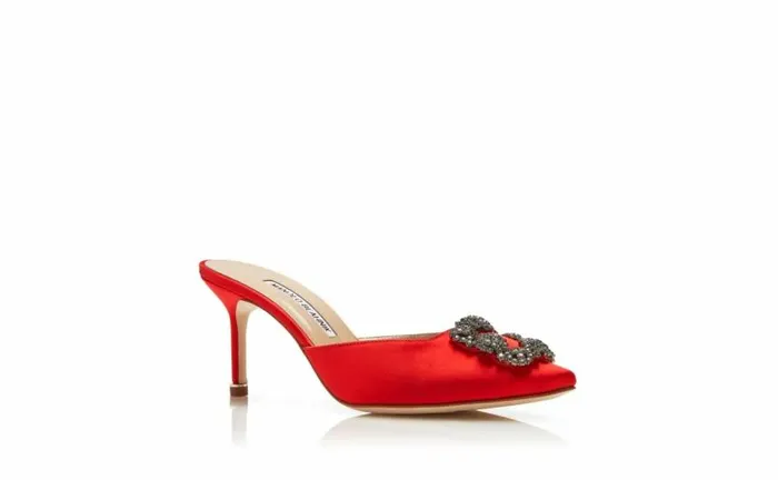 Women Red Satin Jewel Buckle Mules Manolo Blahnik Mules