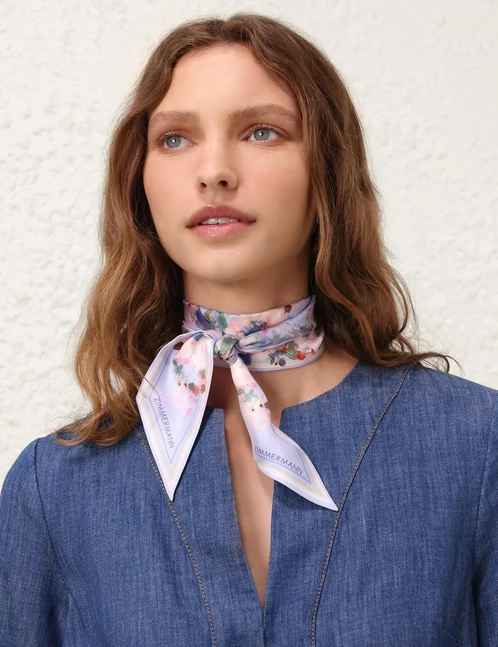 Women Scarves Zimmermann Printed Silk Ribbon Scarf Blue Floral