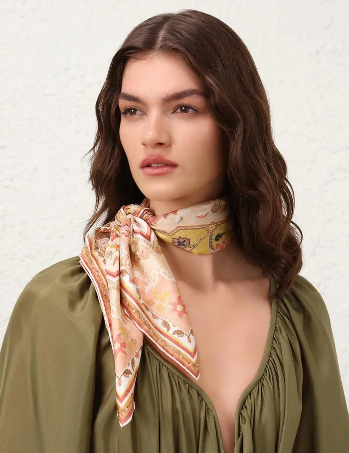 Women Scarves Zimmermann Printed Silk Square 70 Mustard Multi