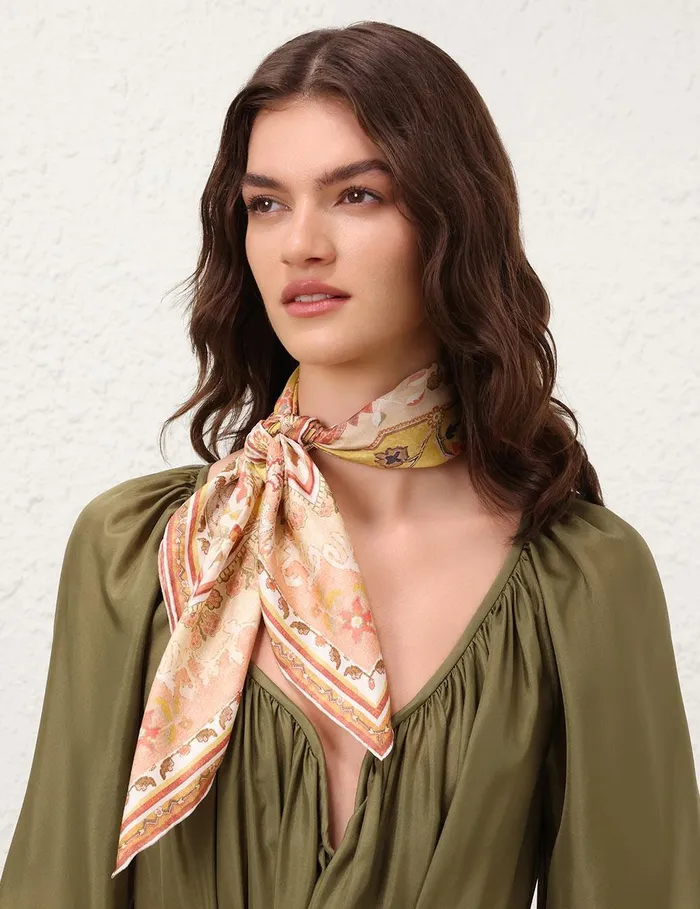 Women Scarves Zimmermann Printed Silk Square 70 Mustard Multi