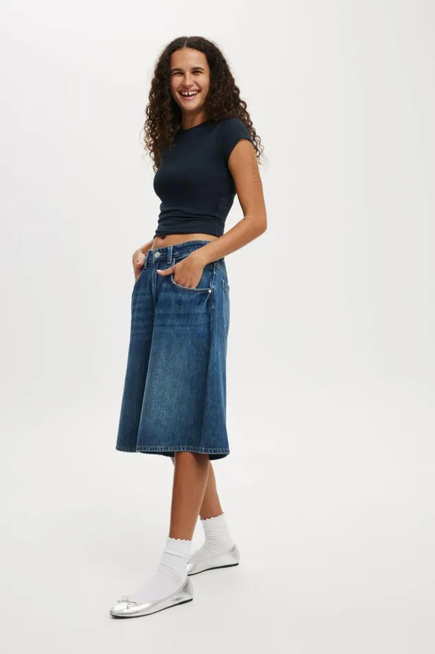 Women Shorts Cotton On Lyocell Wide Denim Jort Shore Blue