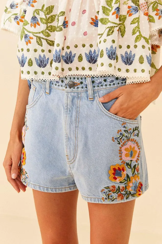 Women Shorts Farm Rio Summer Garden Embroidered Denim Shorts