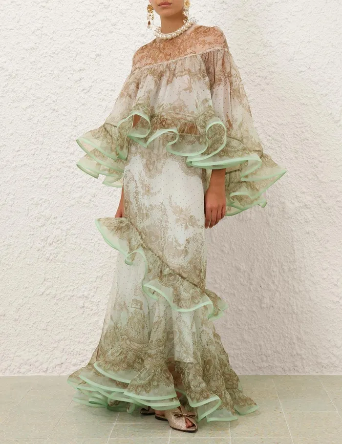 Women Skirts Zimmermann Crush Flutter Maxi Skirt Mint Lace Print