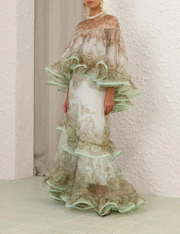 Women Skirts Zimmermann Crush Flutter Maxi Skirt Mint Lace Print