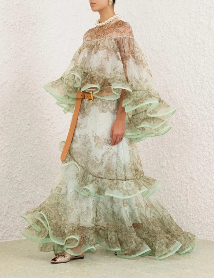 Women Skirts Zimmermann Crush Flutter Maxi Skirt Mint Lace Print