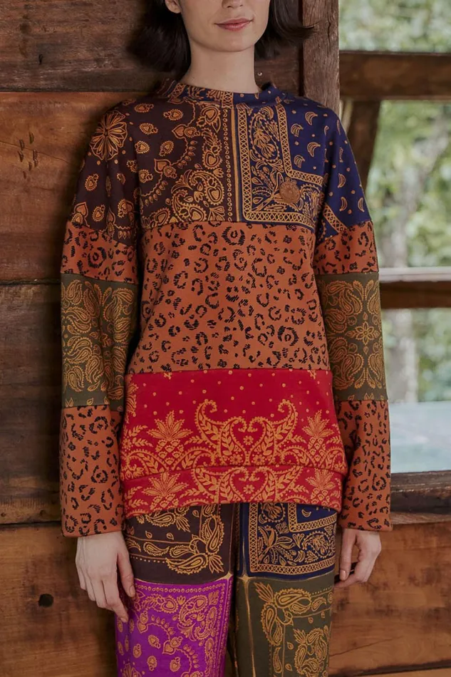 Women Sweaters and Sweatshirts Farm Rio Bandana Dream Mixed Leopard Texture Sweatshirt