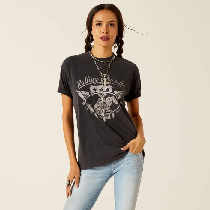 Women TShirts and Tops Ariat Rolling Thunder TShirt Black Acid Wash