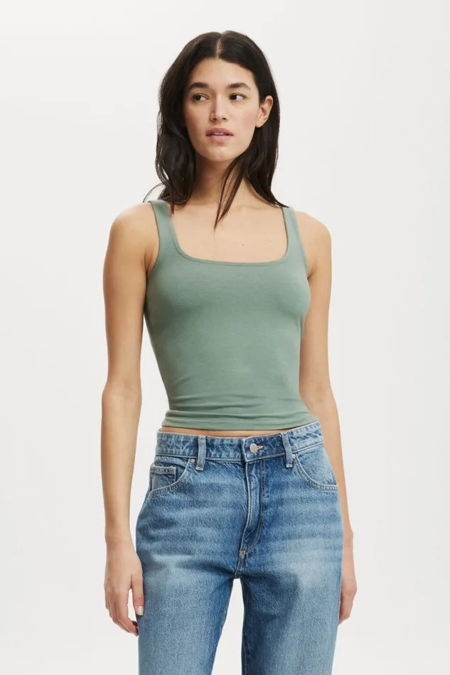 Women Tops Cotton On All Day Square Neck Tank Jaded Green