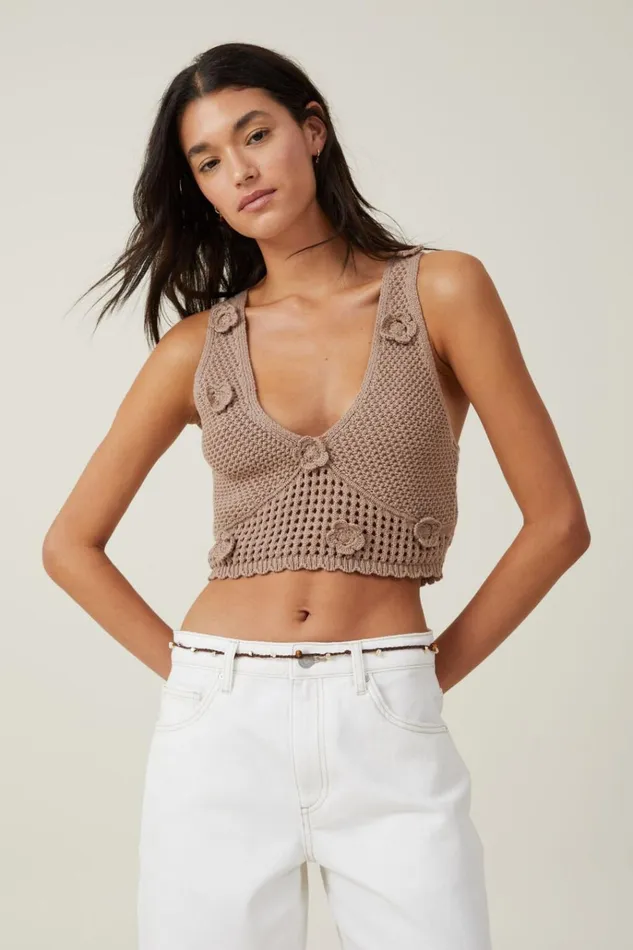 Women Tops Cotton On Applique Floral Crochet Tank Mocha
