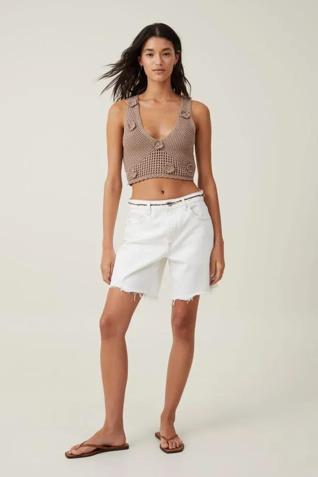 Women Tops Cotton On Applique Floral Crochet Tank Mocha