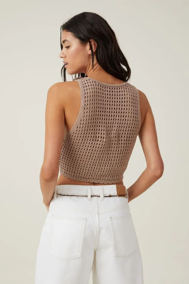 Women Tops Cotton On Applique Floral Crochet Tank Mocha